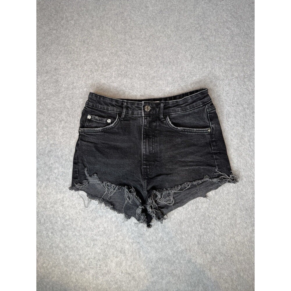 Zara High Waist Black Denim Jean Shorts Women’s 6 Raw Hem Cut Off Edgy Punk
